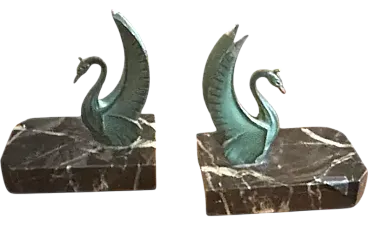 Pair of swan-shaped bookends in marble and metal, 1930s