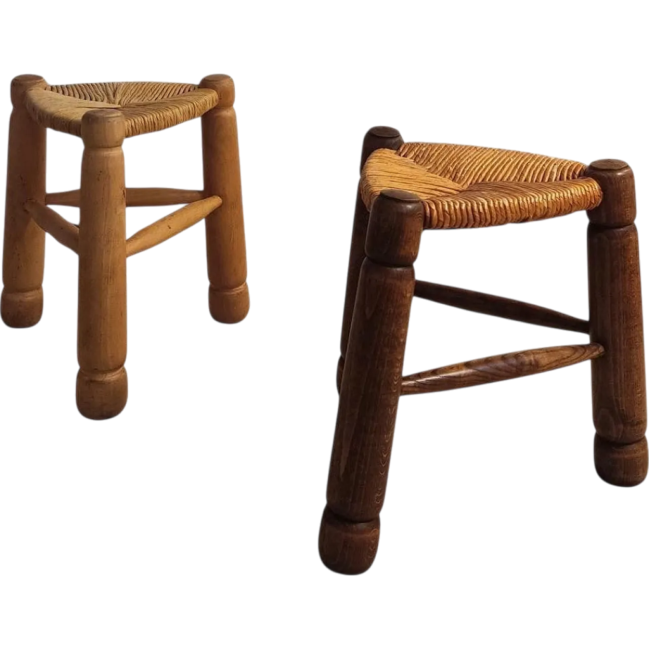 Wood and straw stools attributed to Charles Dudouyt, 1940s 12