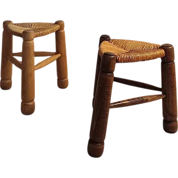 Wood and straw stools attributed to Charles Dudouyt, 1940s