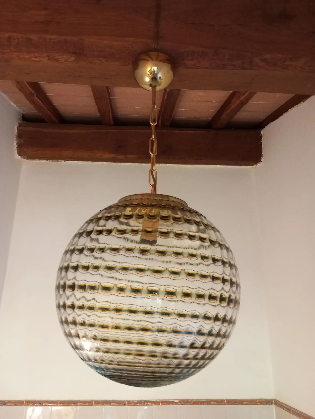 Lampadario rotondo in vetro ondulato di Targetti Sankey, anni ’60. 10