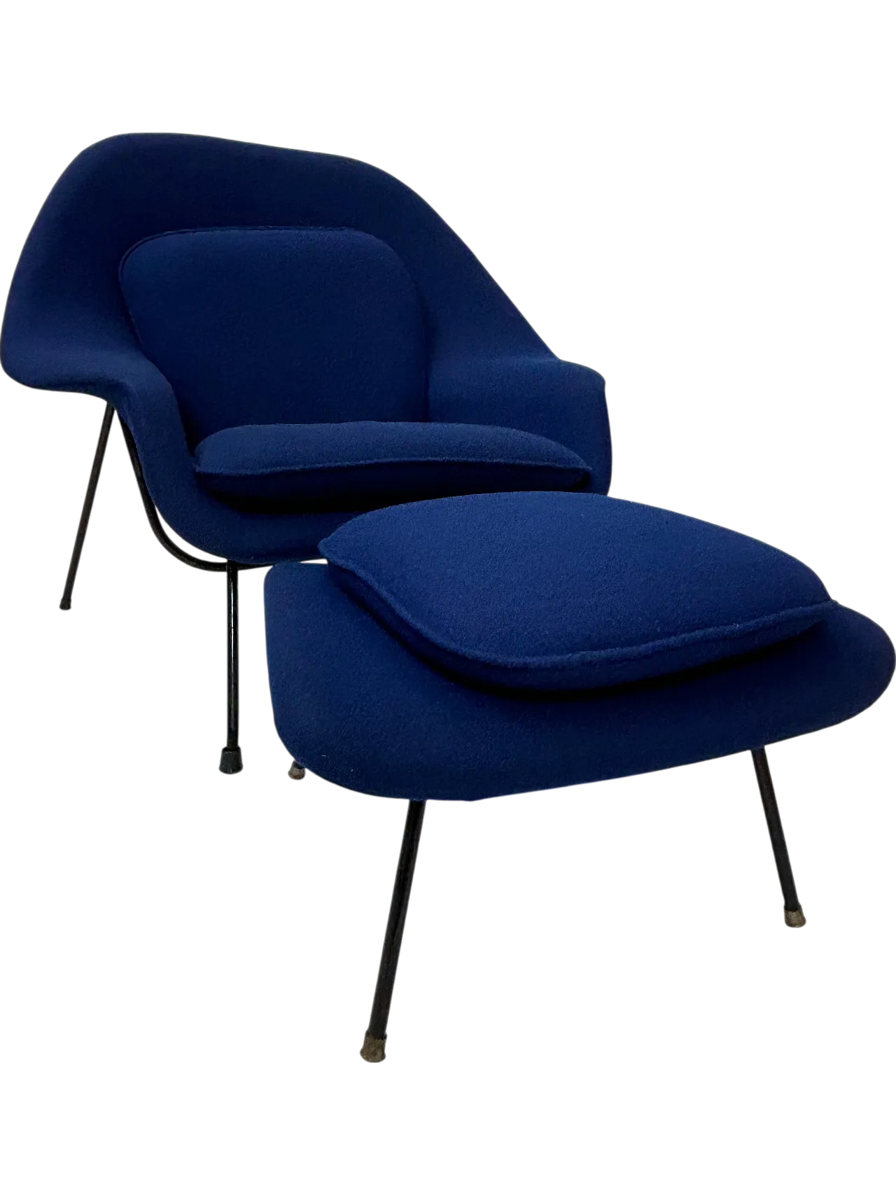 Blue Upholstered Mid-century armchair with pouf, 2000s 6