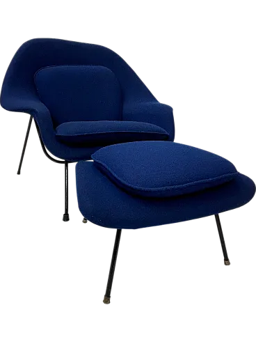 Blue Upholstered Mid-century armchair with pouf, 2000s