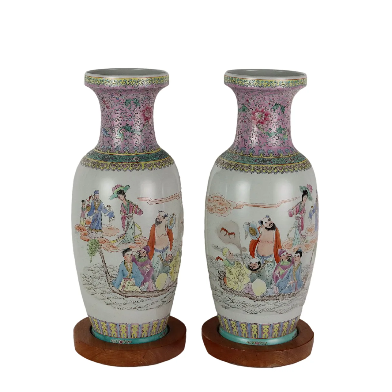 Pair of porcelain and wood vases, 20th century 1