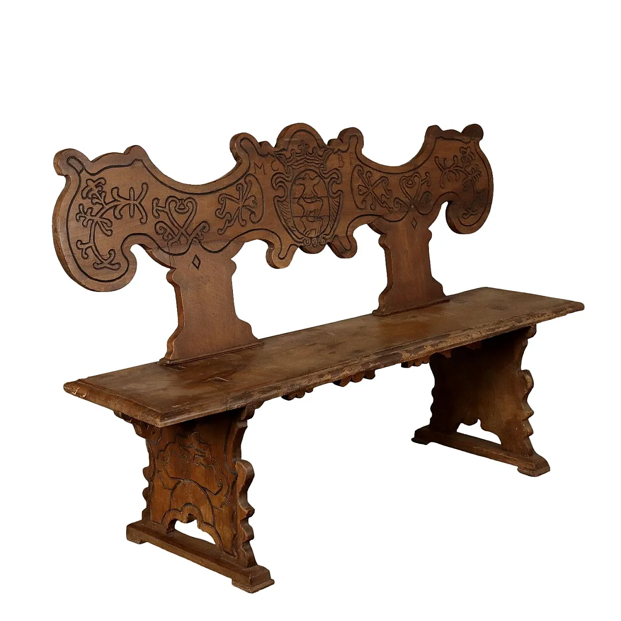 Baroque carved walnut bench with heraldic coat of arms, 18th century 1