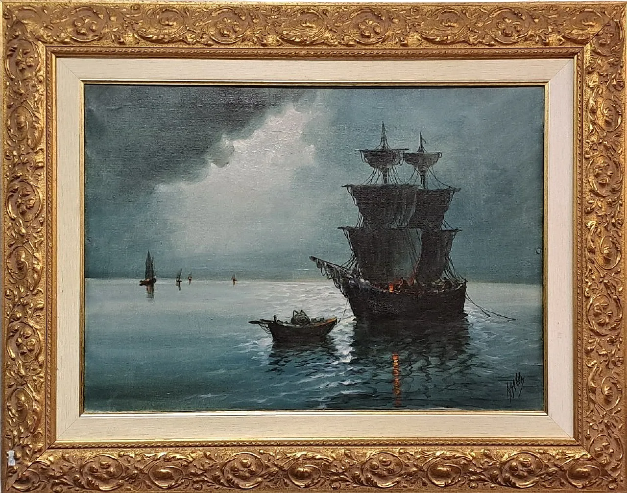 Serra, Night with sailing ship, painting oil on canvas, 20th century 10