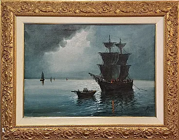 Serra, Night with sailing ship, painting oil on canvas, 20th century