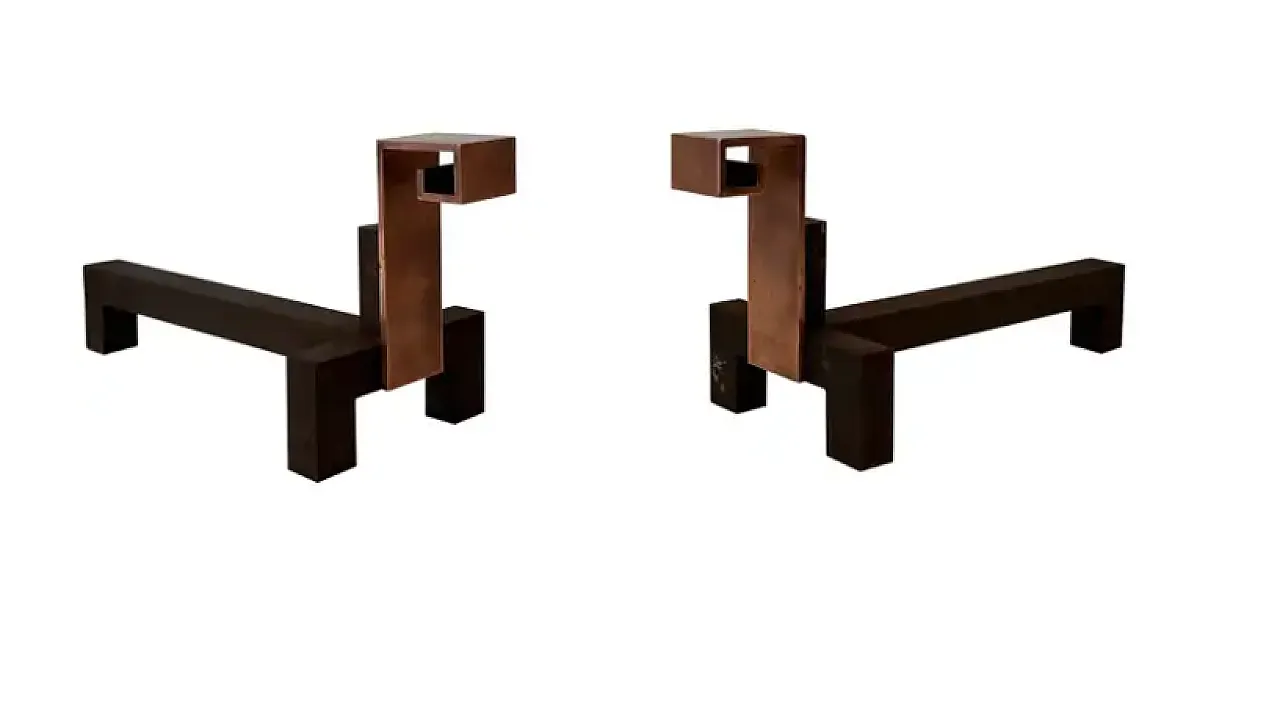 Pair of modernist copper and wrought iron andirons, 1970s 1