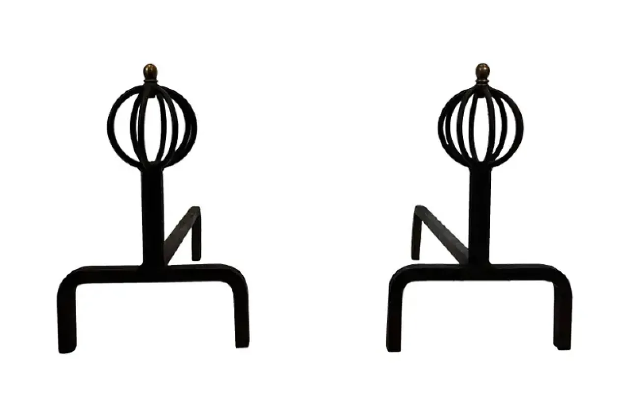 Pair of wrought iron andiron, 1950s 1