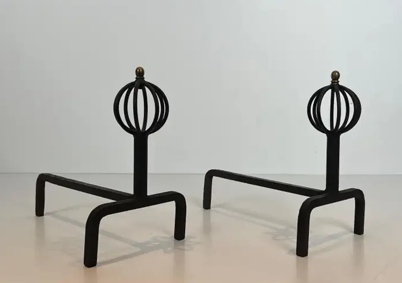 Pair of wrought iron andiron, 1950s 2