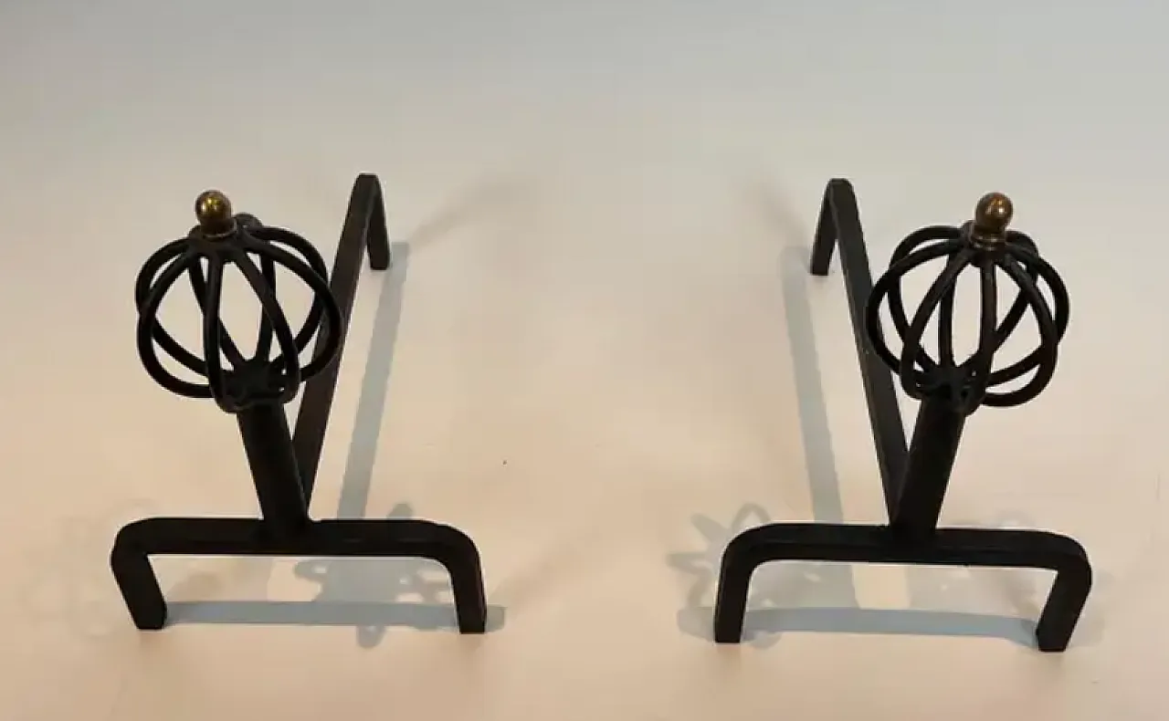 Pair of wrought iron andiron, 1950s 5