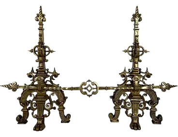 Pair of andrones and a bronze fireplace rod, early 20th century