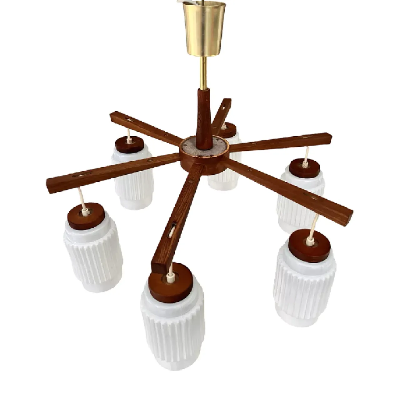 Scandinavian six-arm teak wood chandelier, 1970s 6