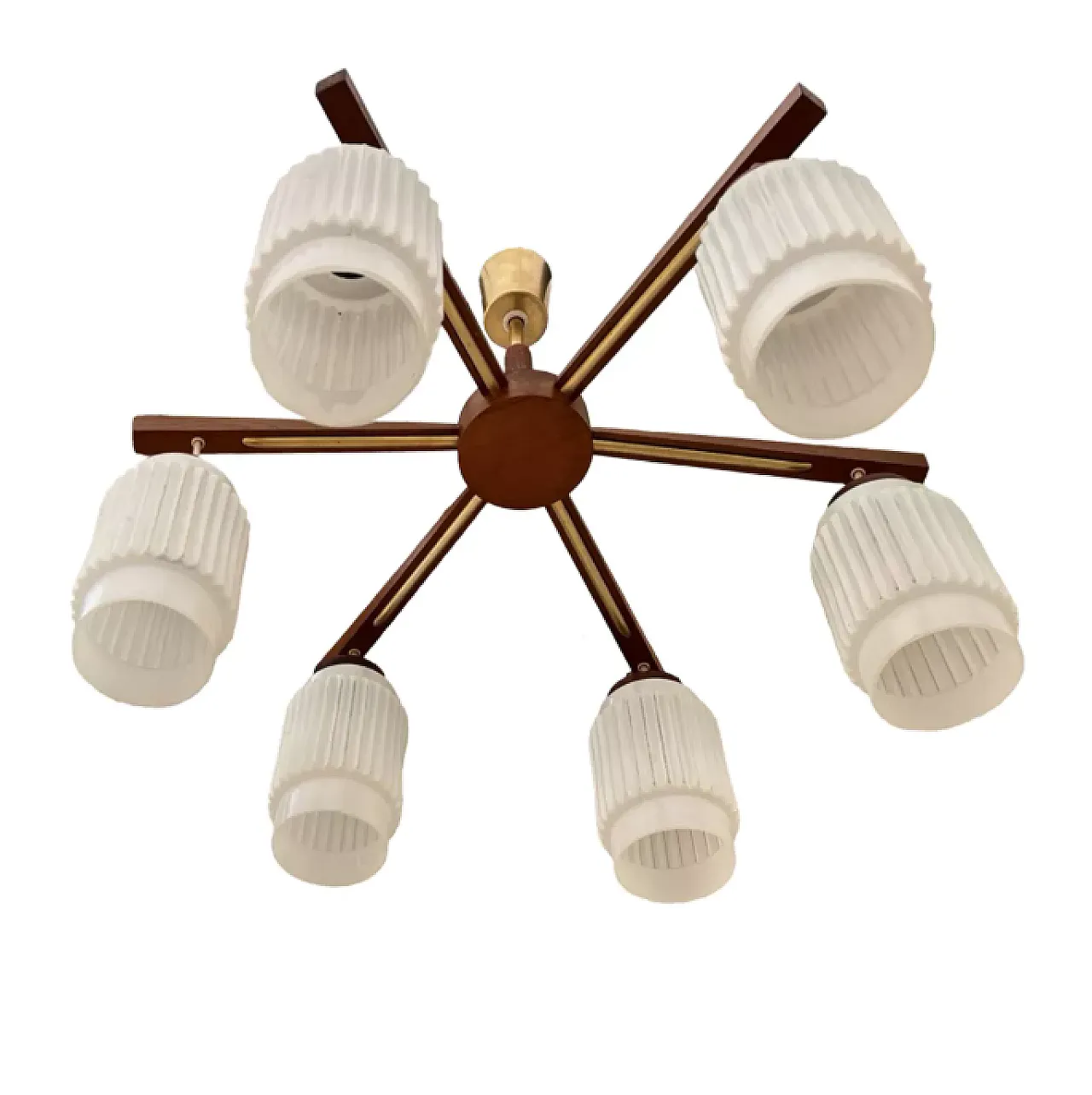 Scandinavian six-arm teak wood chandelier, 1970s 7