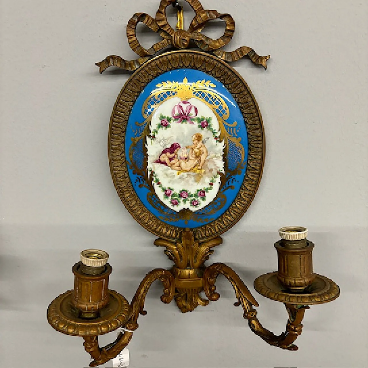 Pair of bronze appliques with painted plaque, early 19th century 2