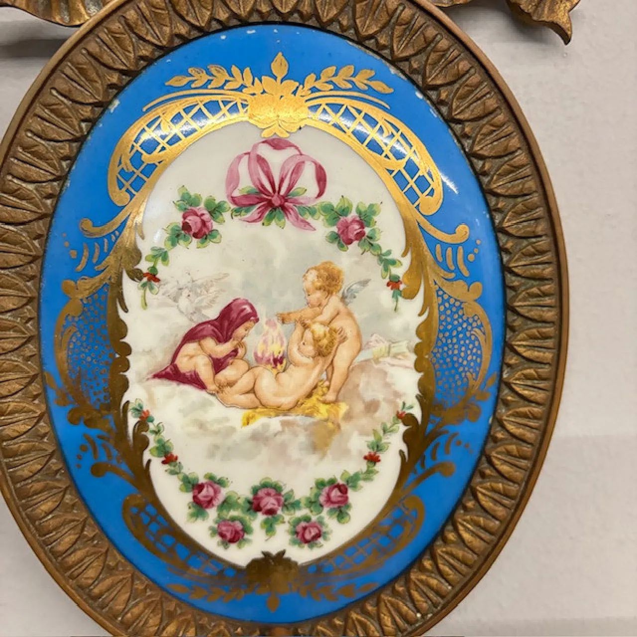 Pair of bronze appliques with painted plaque, early 19th century 4