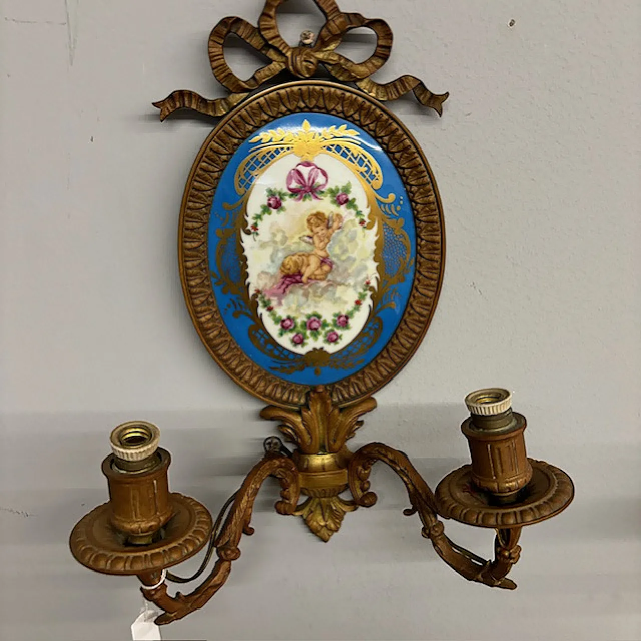 Pair of bronze appliques with painted plaque, early 19th century 6