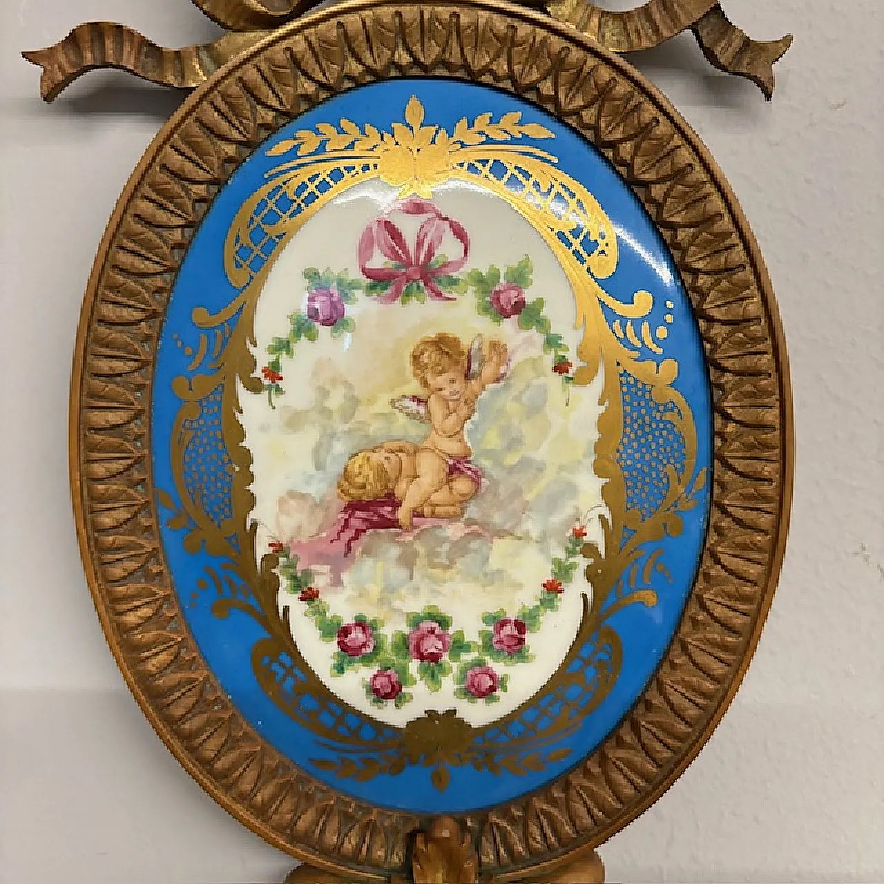 Pair of bronze appliques with painted plaque, early 19th century 8