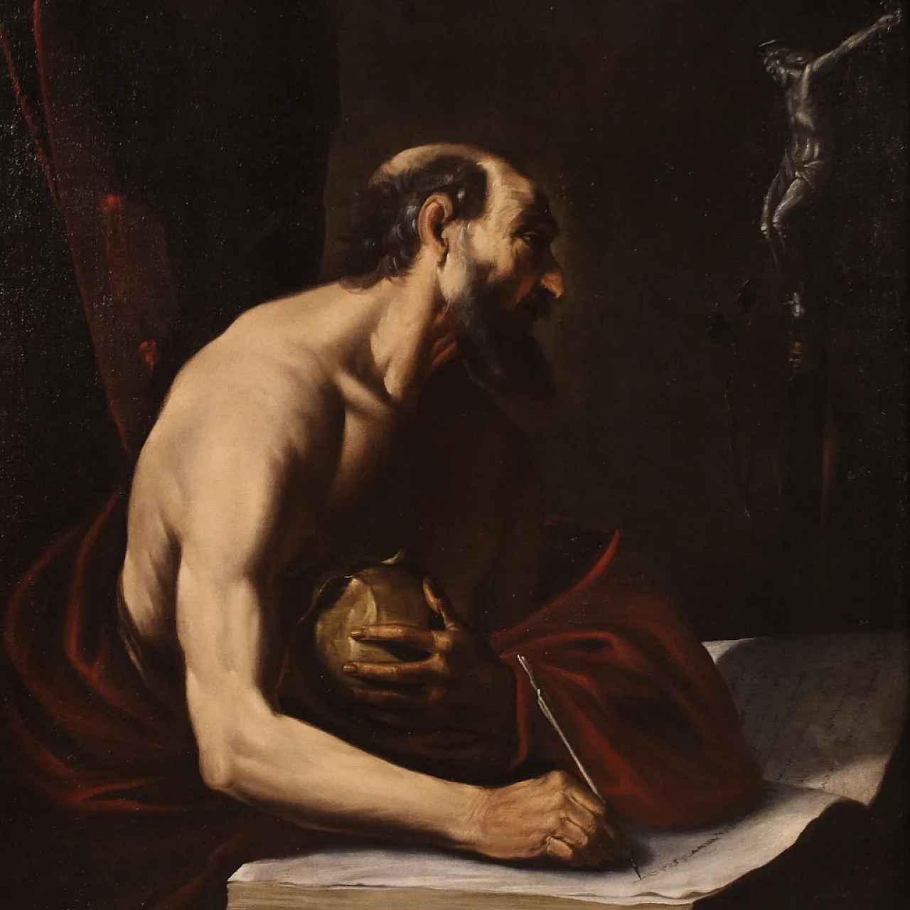 Saint Jerome in his study, Caravaggesque painting, 17th century 1