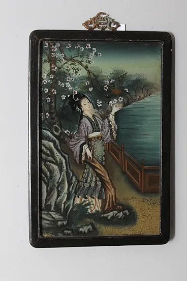 Japanese Geisha, painting on glass, early 1900s