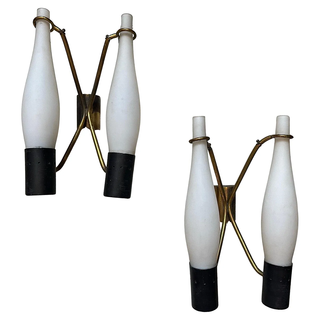 Pair of brass and glass wall sconces in Stilnovo style, 1950s 1