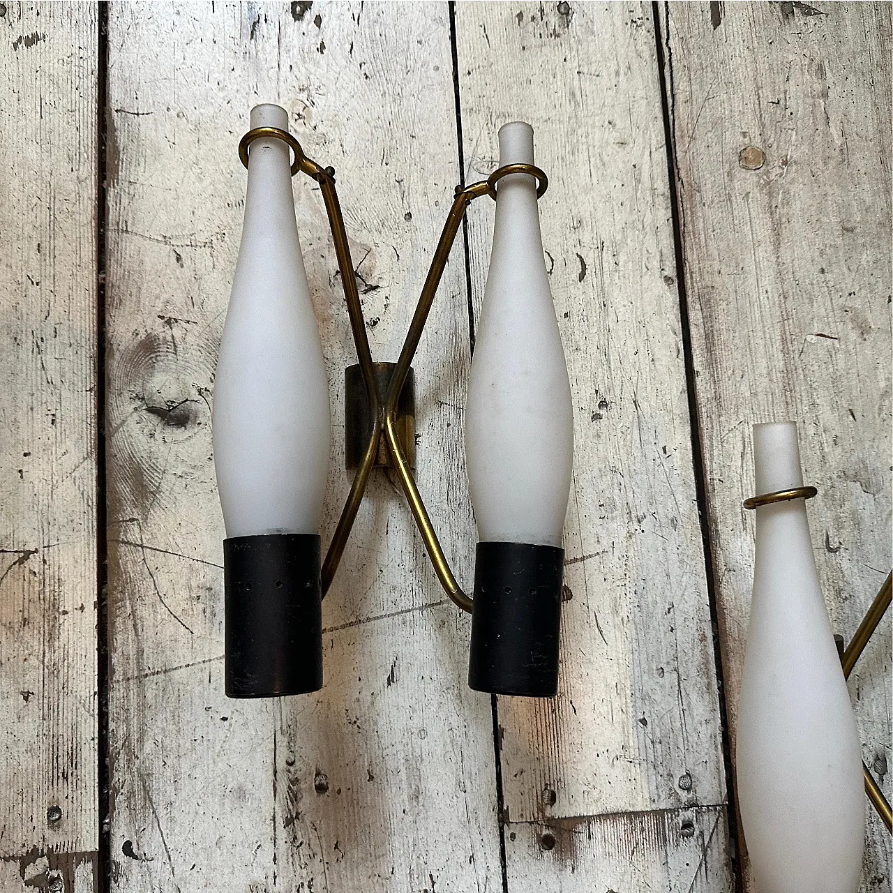 Pair of brass and glass wall sconces in Stilnovo style, 1950s 2