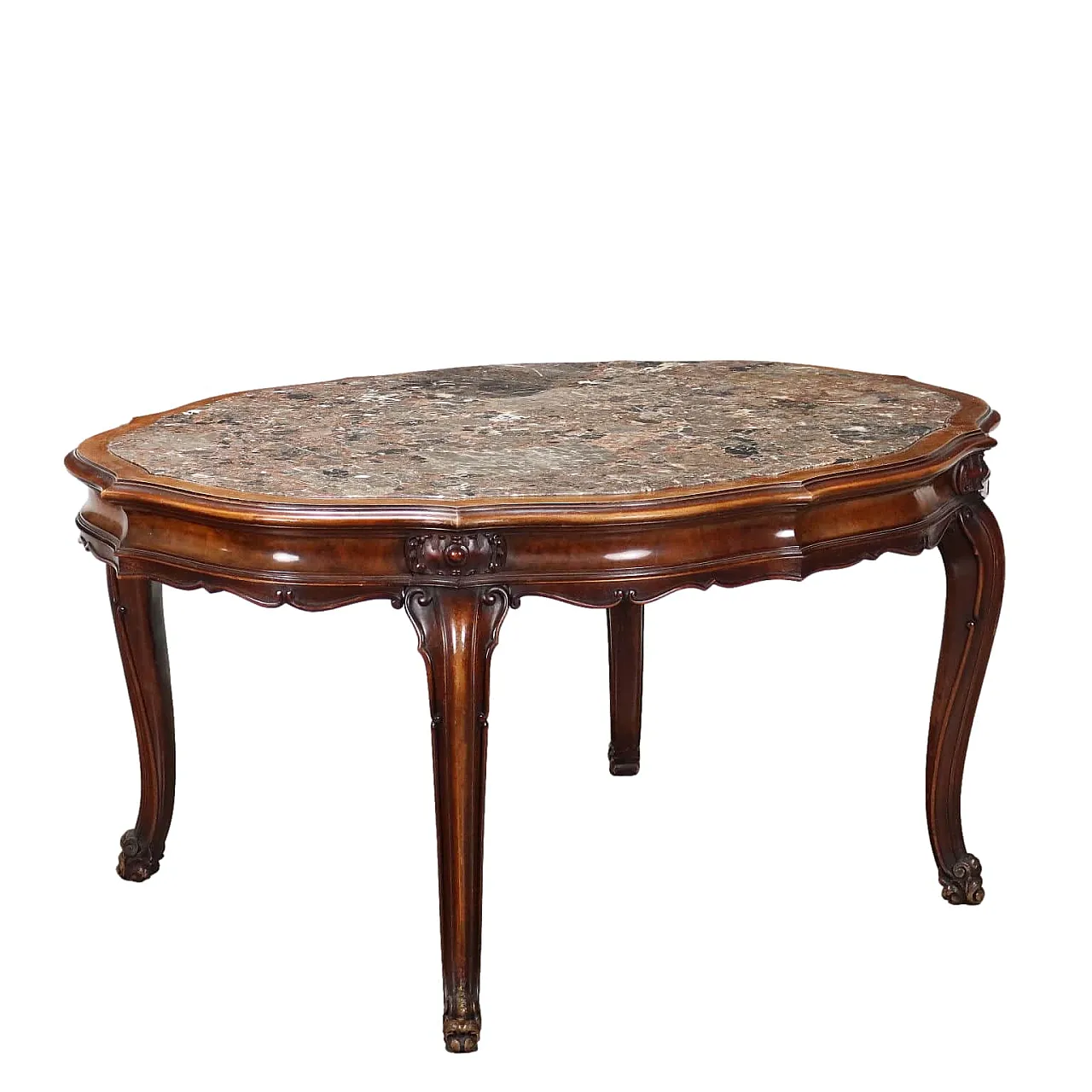 Baroque-style walnut table with marble top, 20th century 1