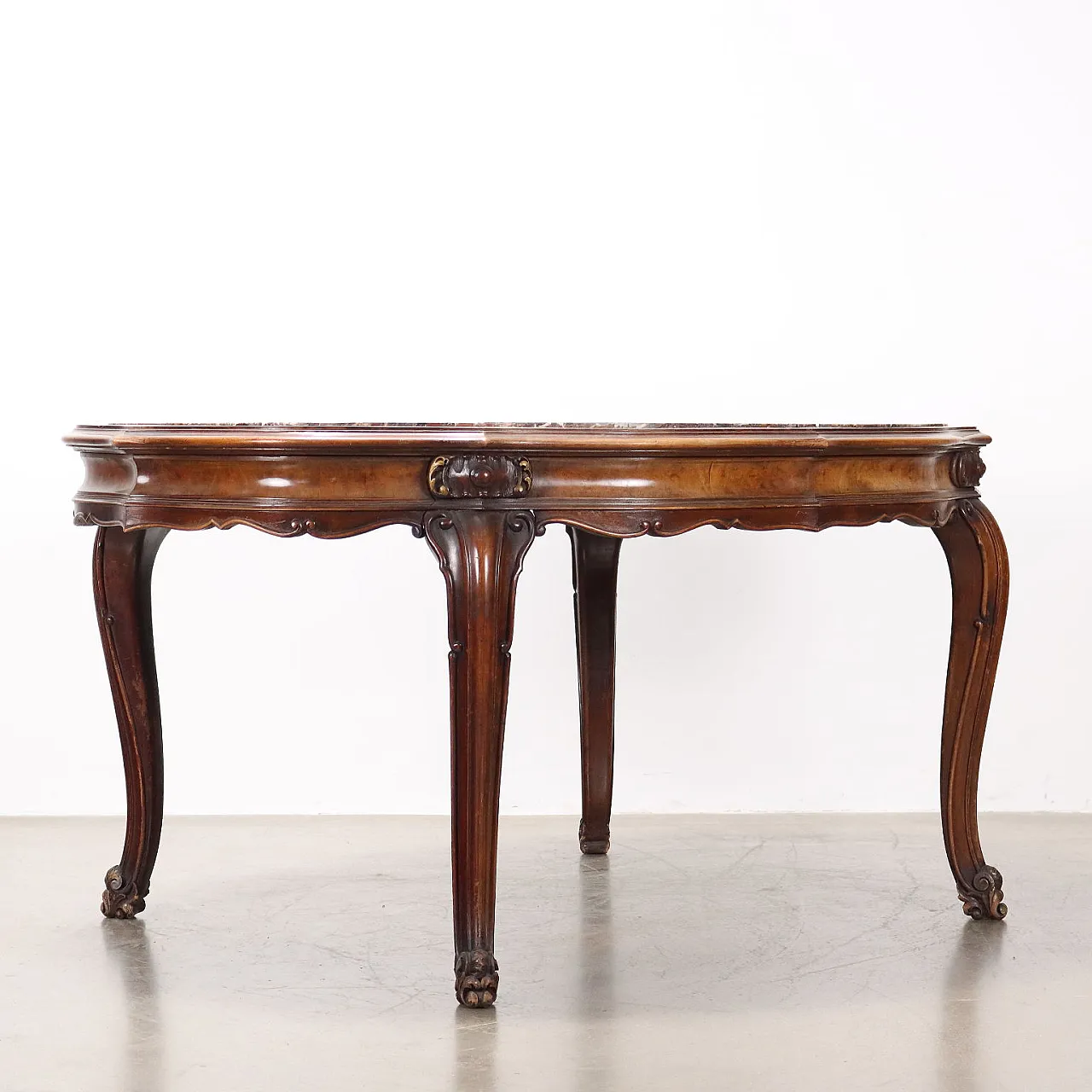 Baroque-style walnut table with marble top, 20th century 8