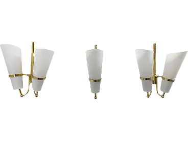 Set of 3 glass and brass sconces, 1950s