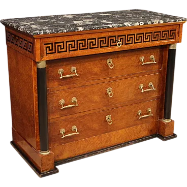 Empire style inlaid chest of drawers with marble top, 20th century