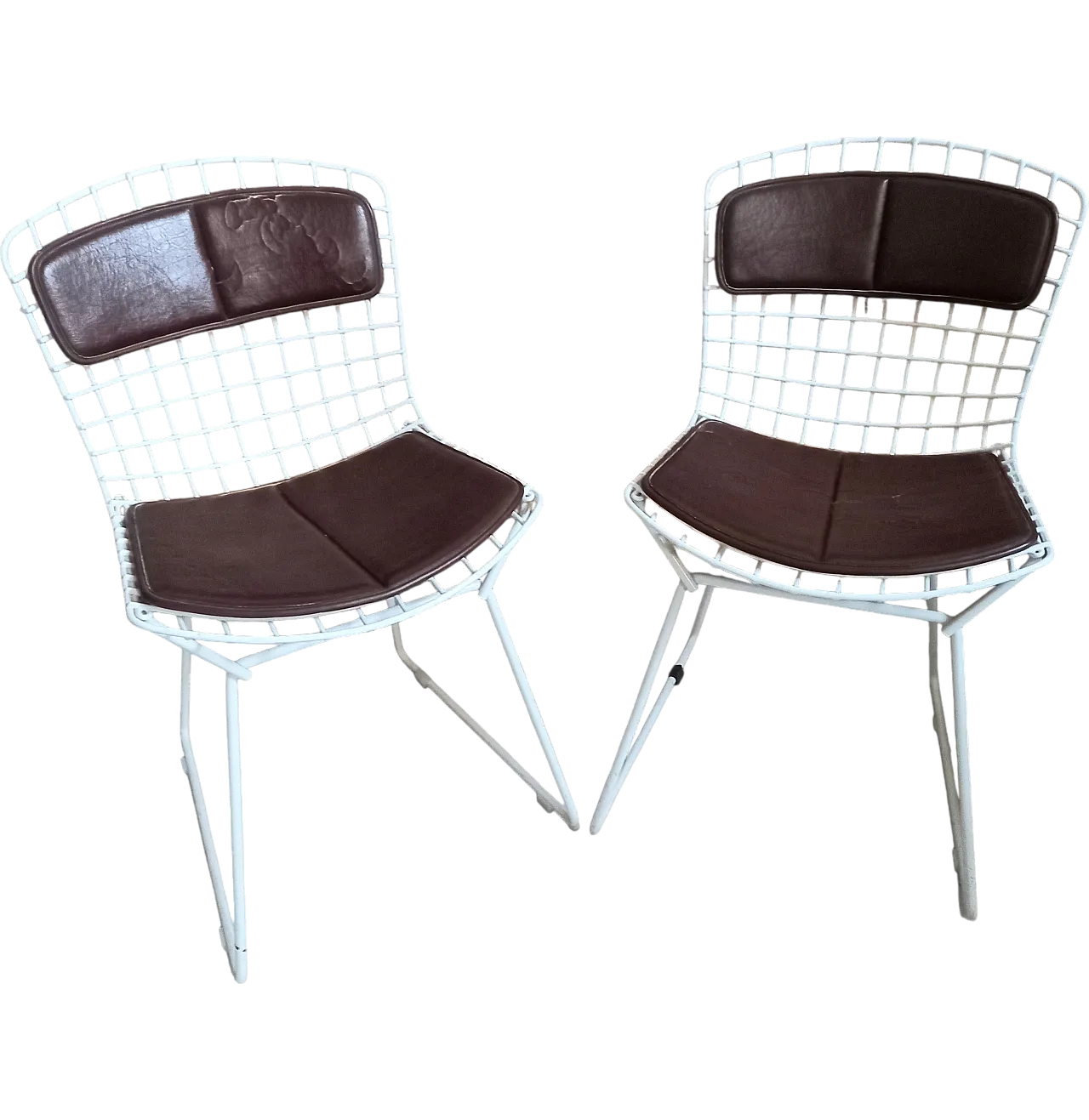 Pair of Bertoia Knoll chairs with leather cushion, 60s 6