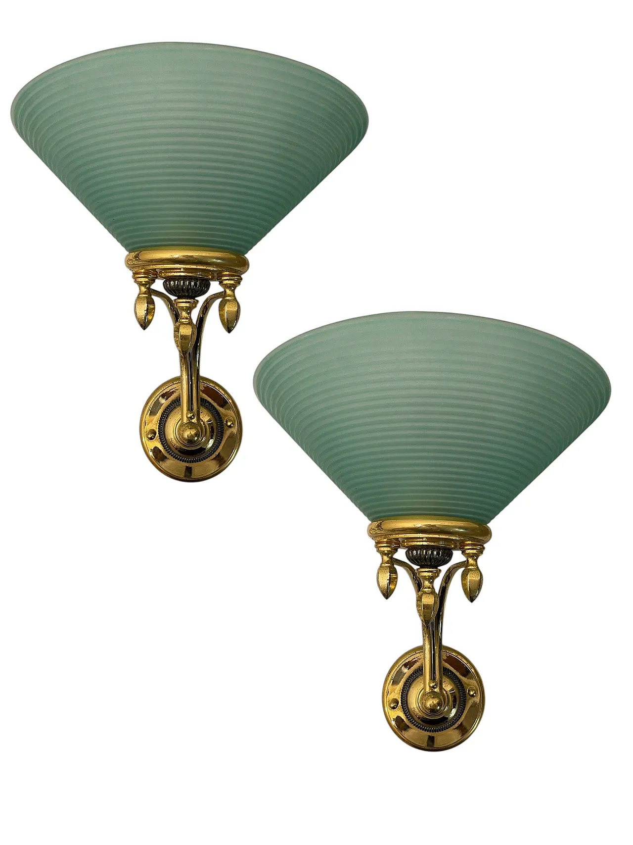 Large Brass and Green Murano Glass Sconces, 1970s, Set of 2 1