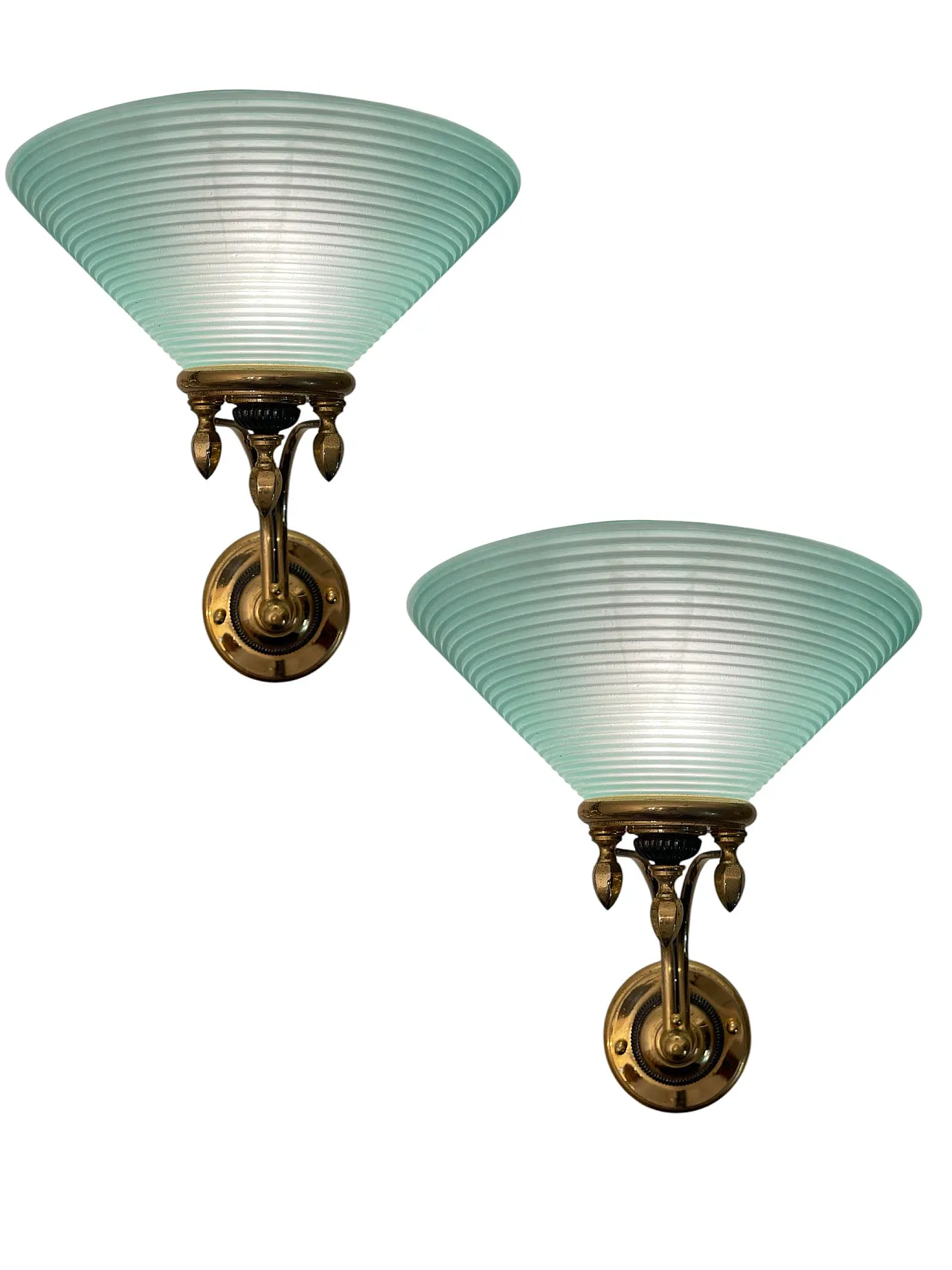 Large Brass and Green Murano Glass Sconces, 1970s, Set of 2 10