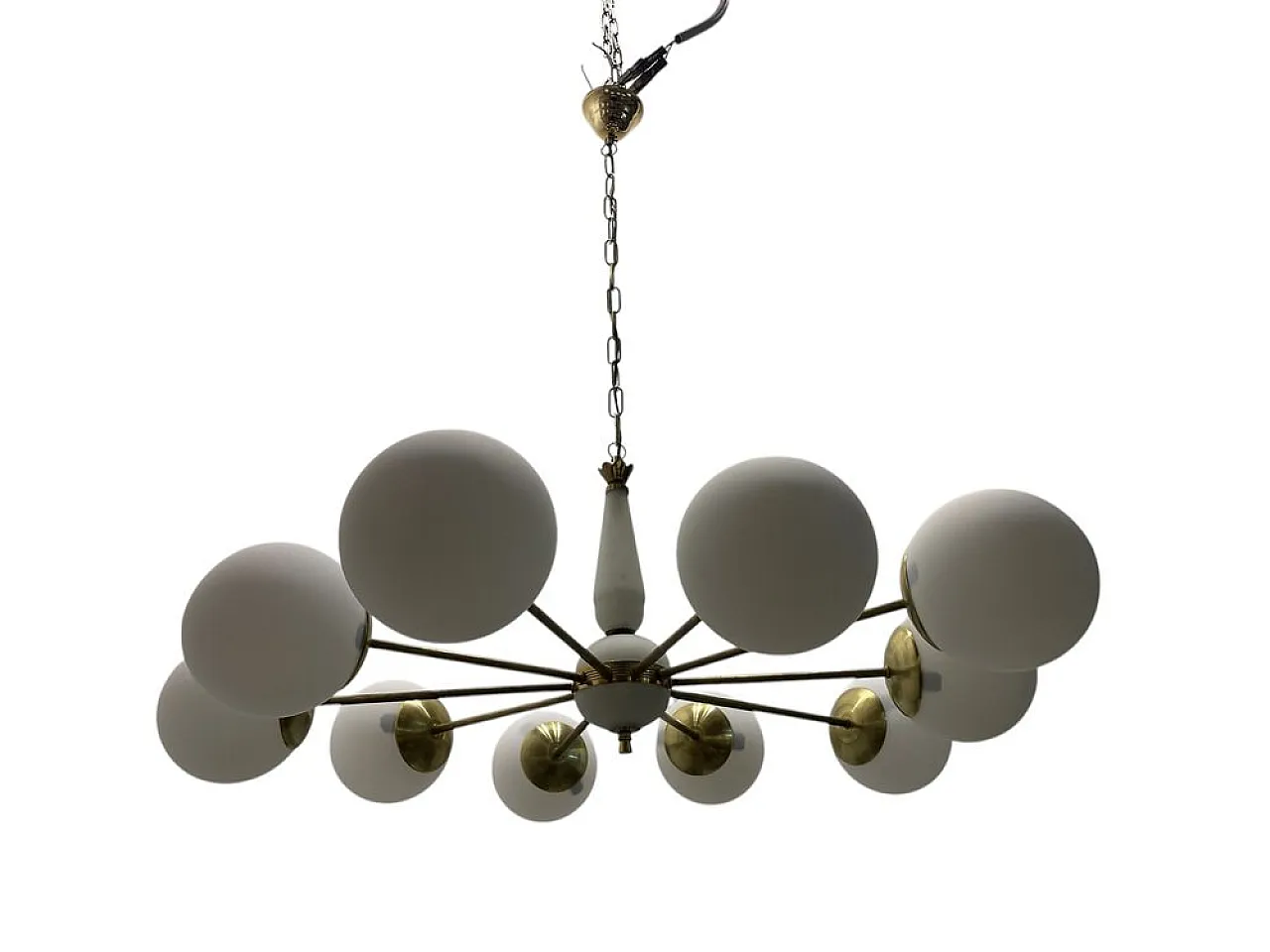 Sputnik 10-Light Chandelier in Opaline Glass and Brass, 1960s 1