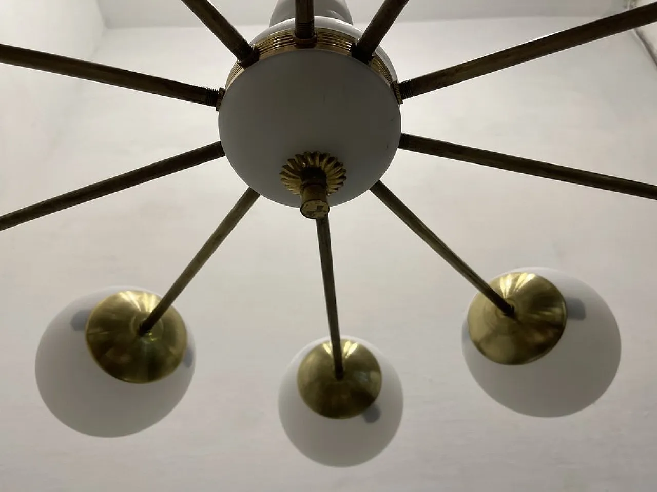 Sputnik 10-Light Chandelier in Opaline Glass and Brass, 1960s 8