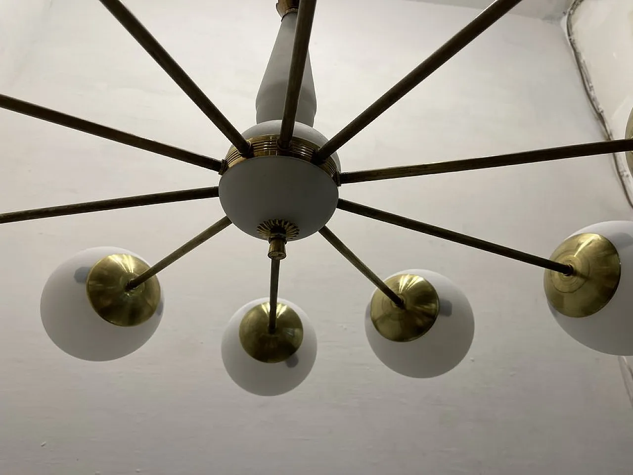 Sputnik 10-Light Chandelier in Opaline Glass and Brass, 1960s 9