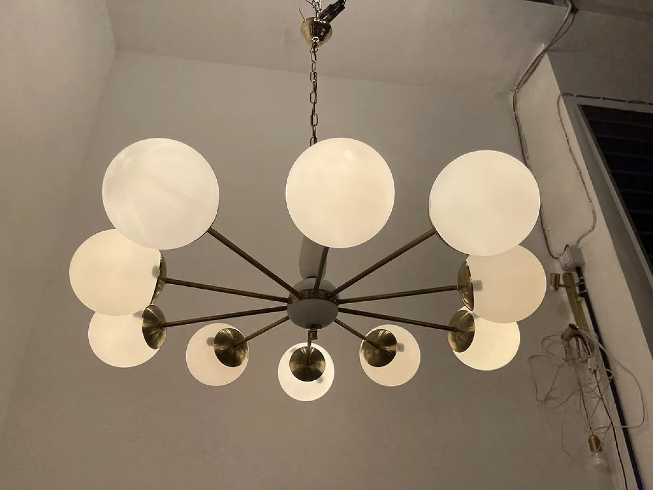 Sputnik 10-Light Chandelier in Opaline Glass and Brass, 1960s 10