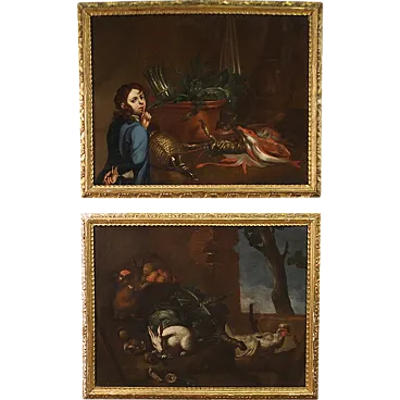 Genoese school, pair of still life paintings, oil on canvas,  17th c.