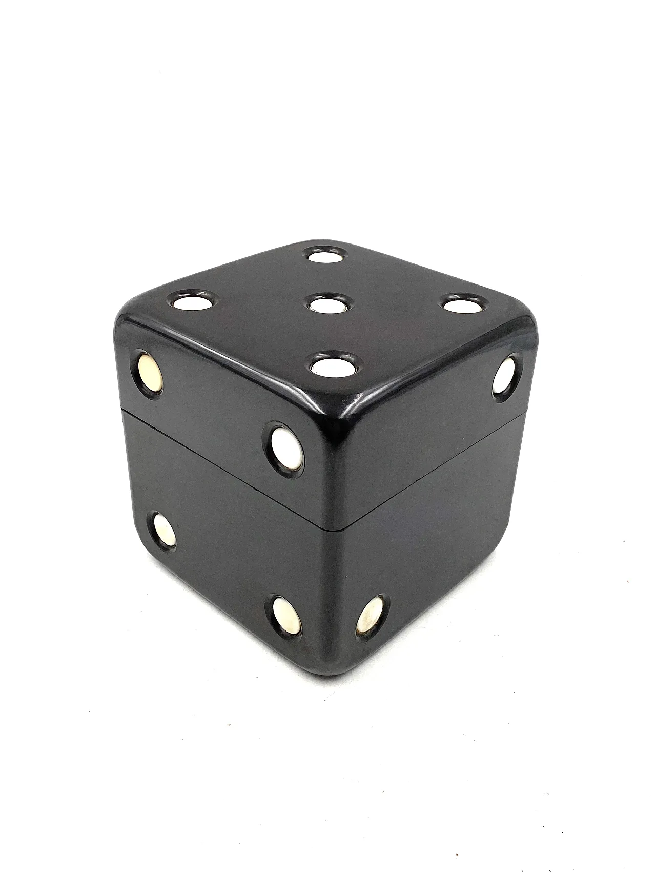 Black bakelite dice shaped box, Italy 1970 1