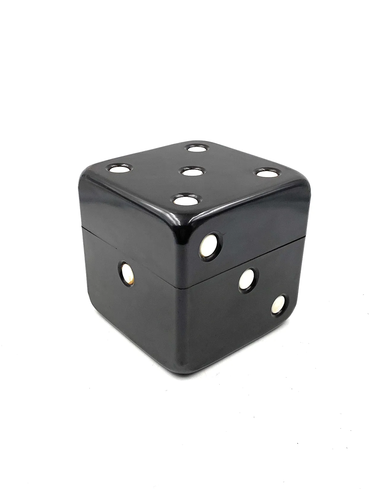 Black bakelite dice shaped box, Italy 1970 8