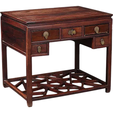 Antique Writing Desk Exotic Wood 5 Drawers China, 20th Century