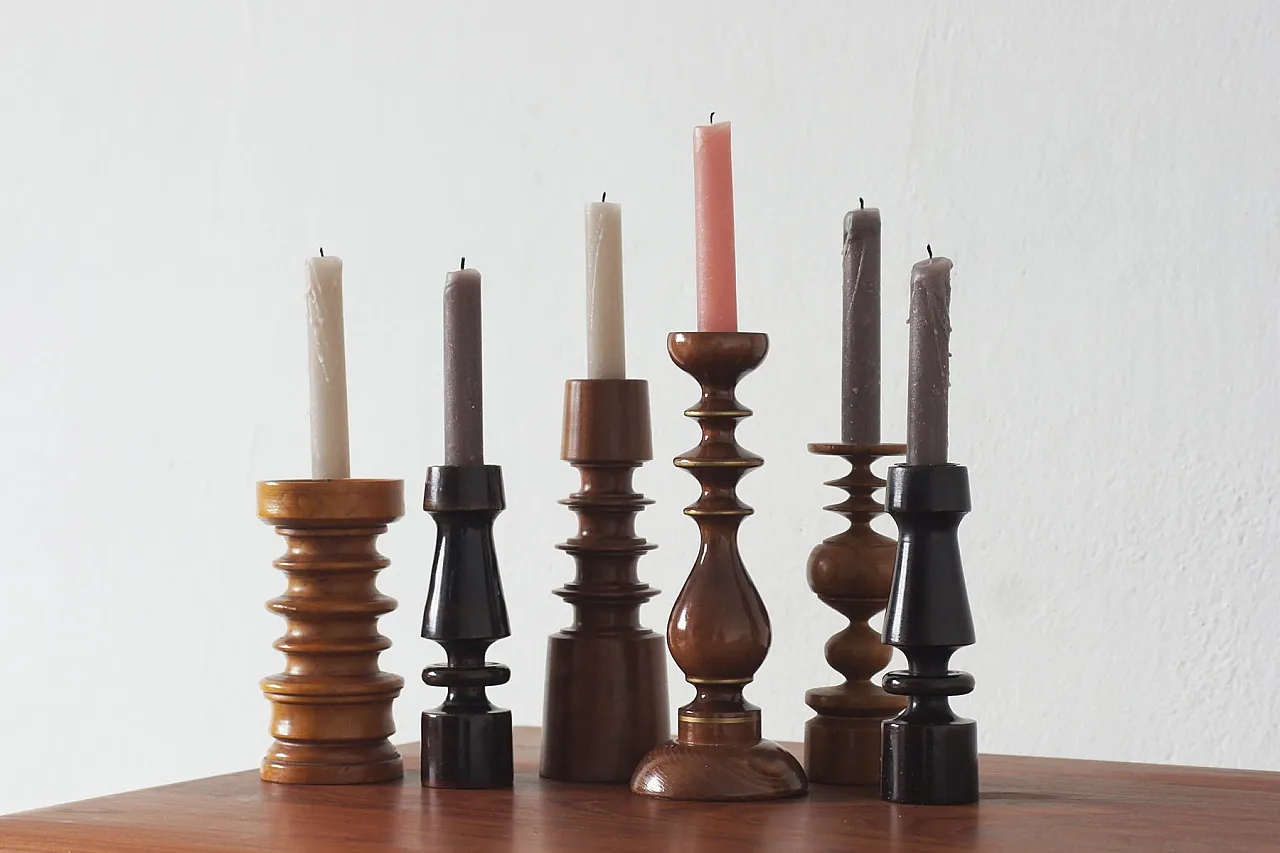 6 Wooden candleholders, 1970s 1