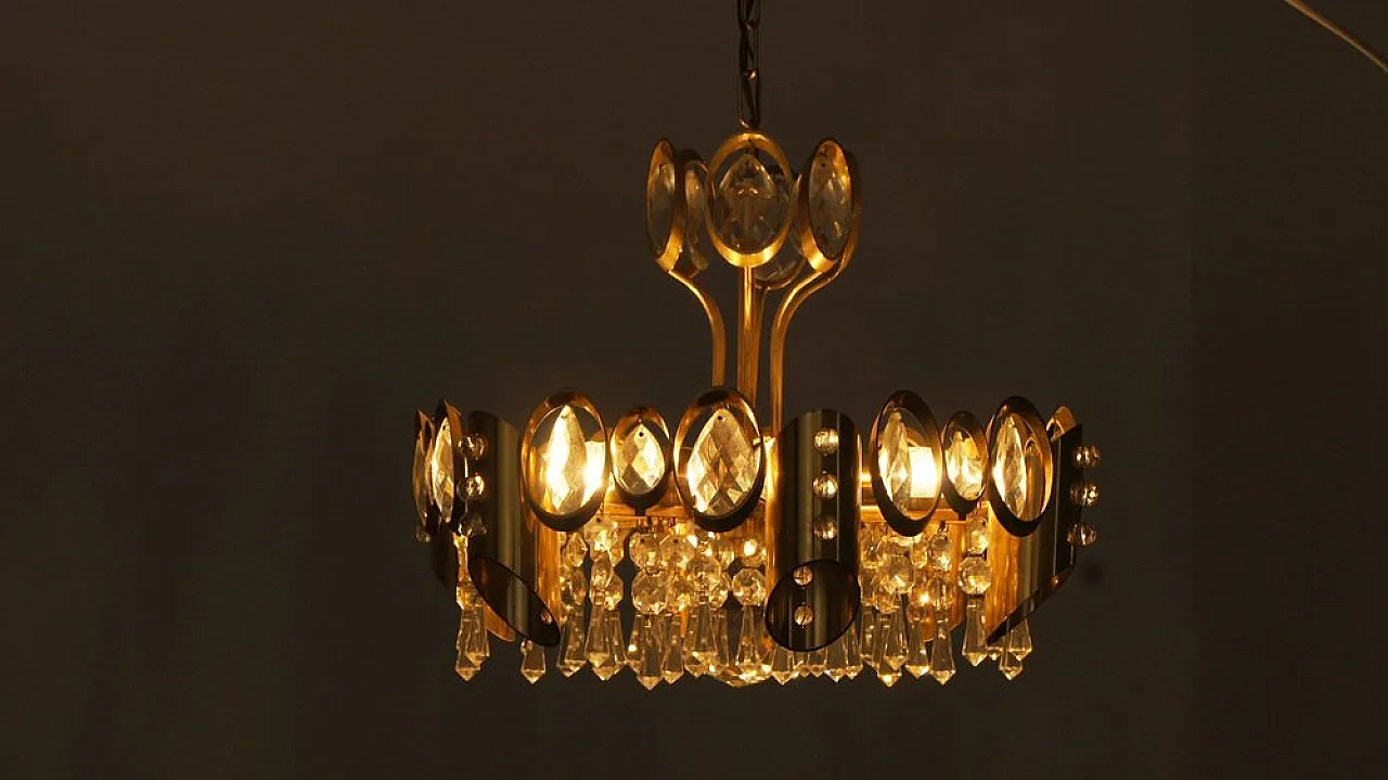 Brass and crystal ceiling lamp by Palwa, 1960s 5