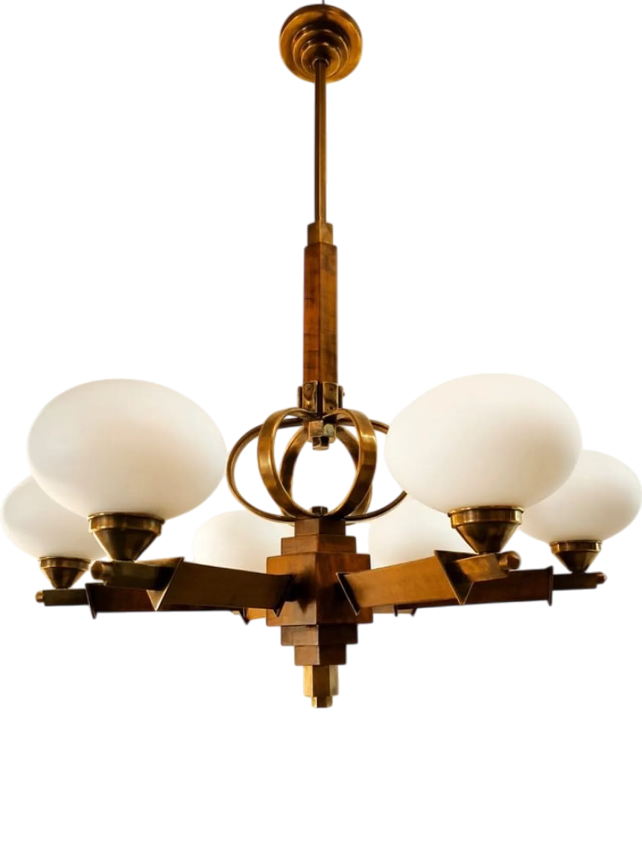 Wooden chandelier with oval glass shades and brass, early 20th century 46