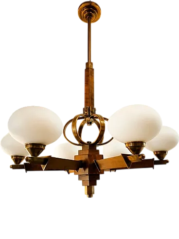 Wooden chandelier with oval glass shades and brass, early 20th century