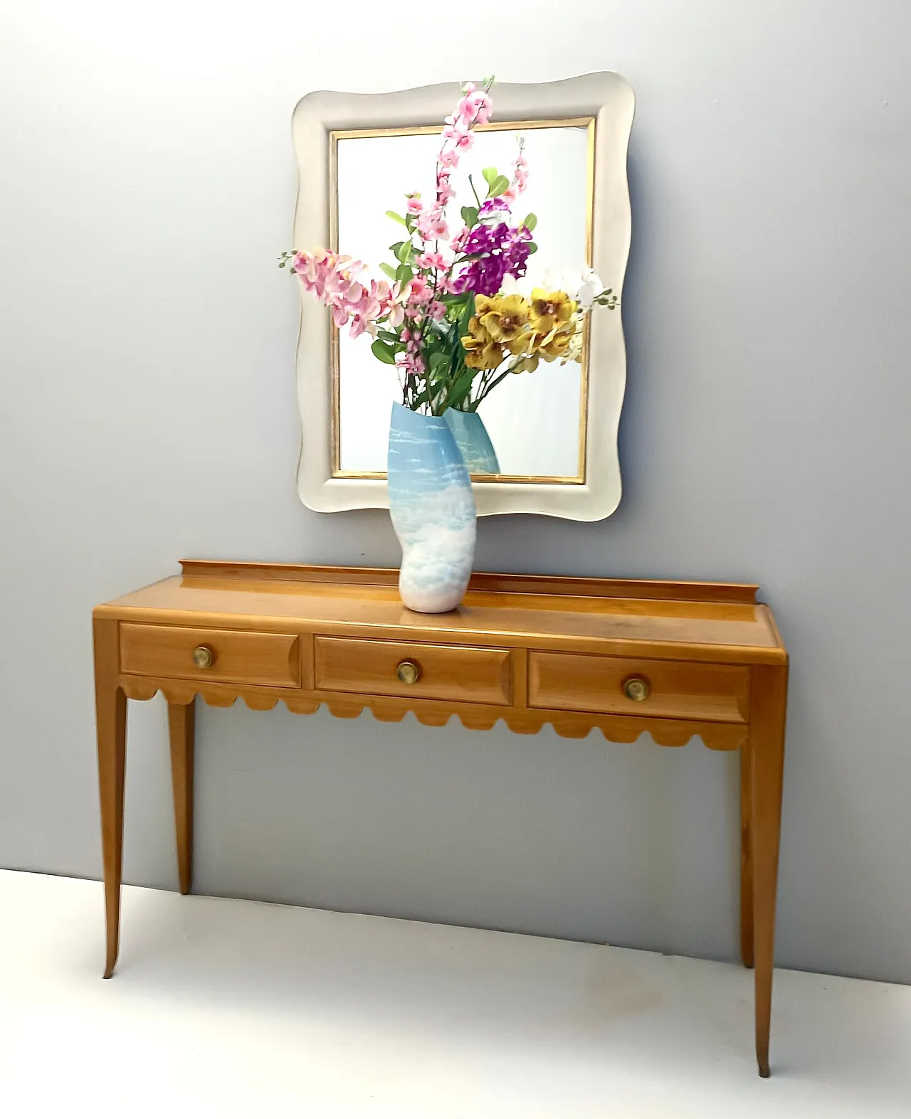 Console table by Paolo Buffa in cherrywood with glass top, 50s 2