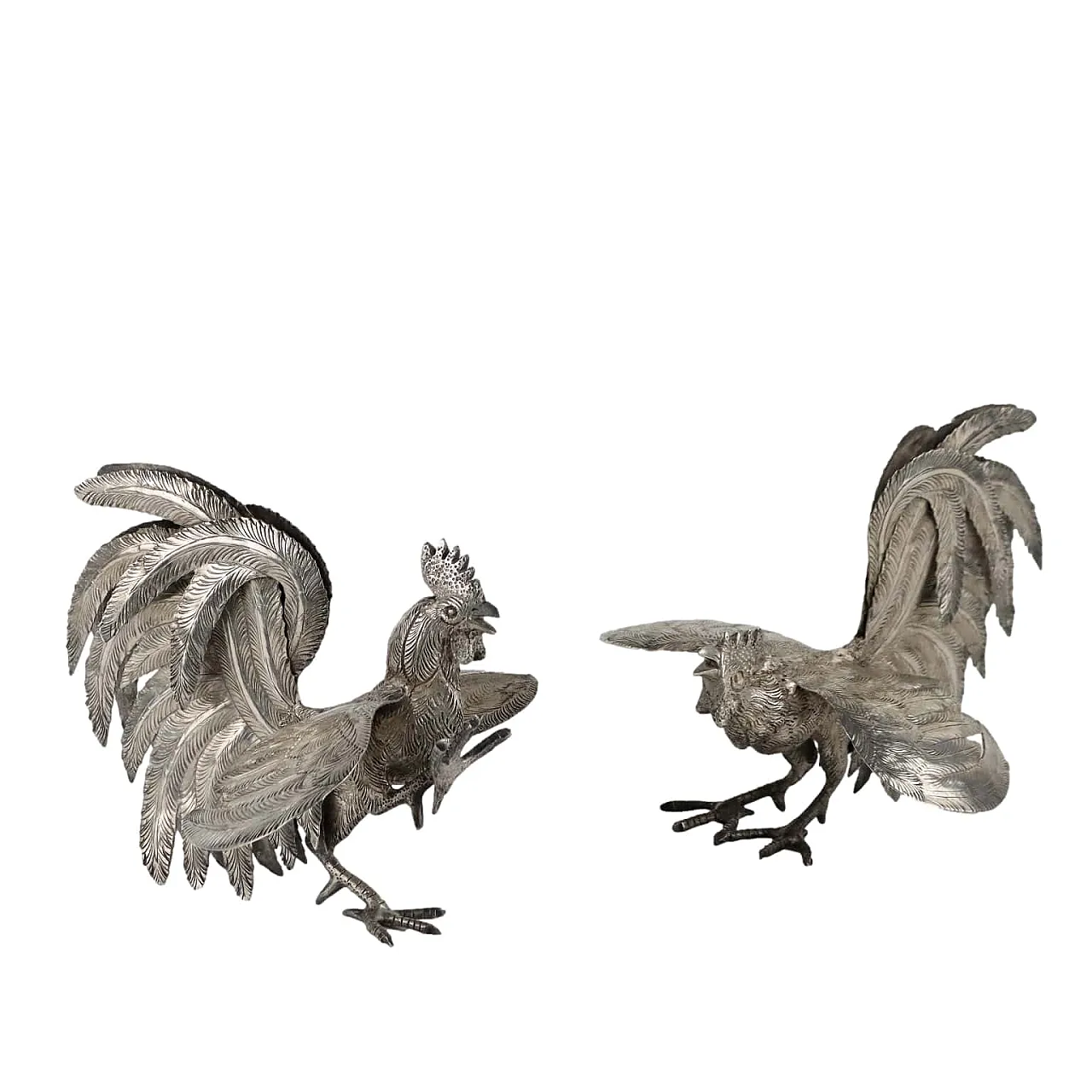 Pair of chased and engraved 925 silver roosters 1