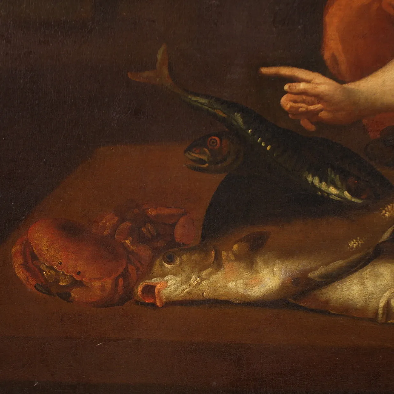 Flemish painter, Interior scene with fish, oil on canvas, 17th century 12