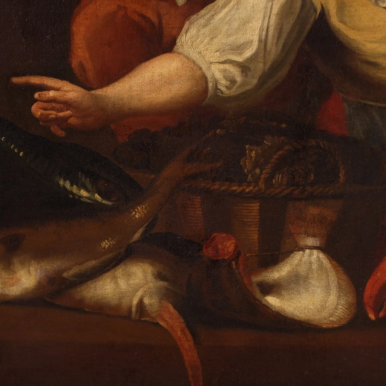 Flemish painter, Interior scene with fish, oil on canvas, 17th century 15