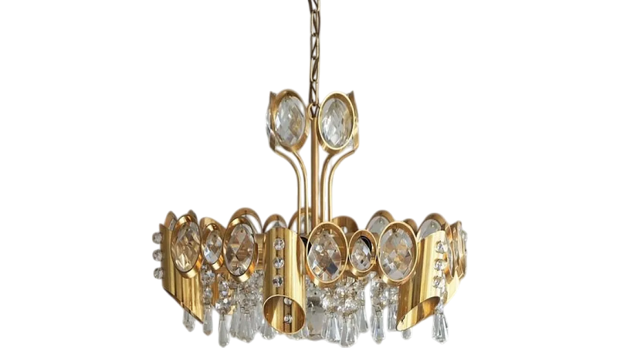 Brass and crystal ceiling lamp by Palwa, 1960s 7