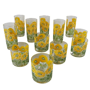 12 Glass tumblers with yellow flowers by Georges Briard